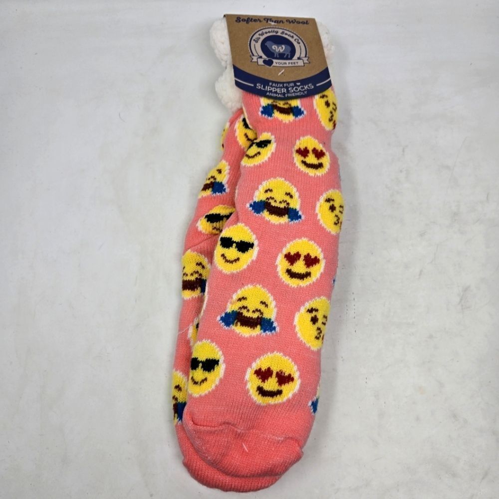 SIR WOLLY SOCK COMPANY Faux Fur Emoji‎ Patterned Pink Slipper Socks NWT